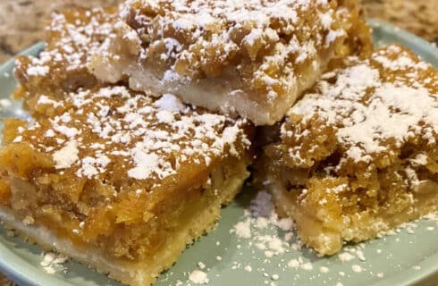 apricot bars sprinkled with white powdered sugar on a blue plate