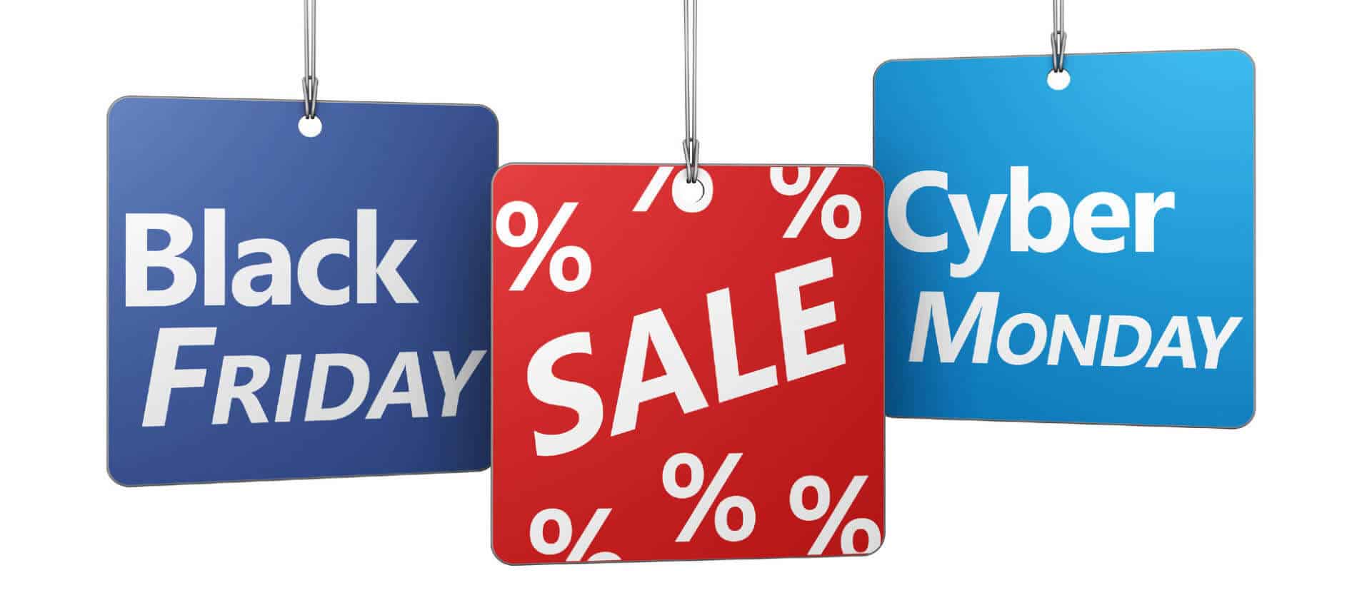 blue and red price tags with black friday and cyber monday sales