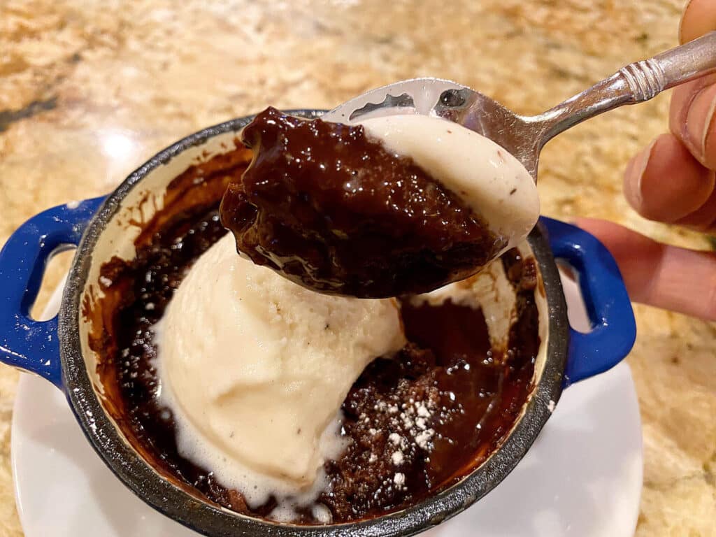 Rich Chocolate Cake with a Fudgy Sauce and Vanilla Ice Cream