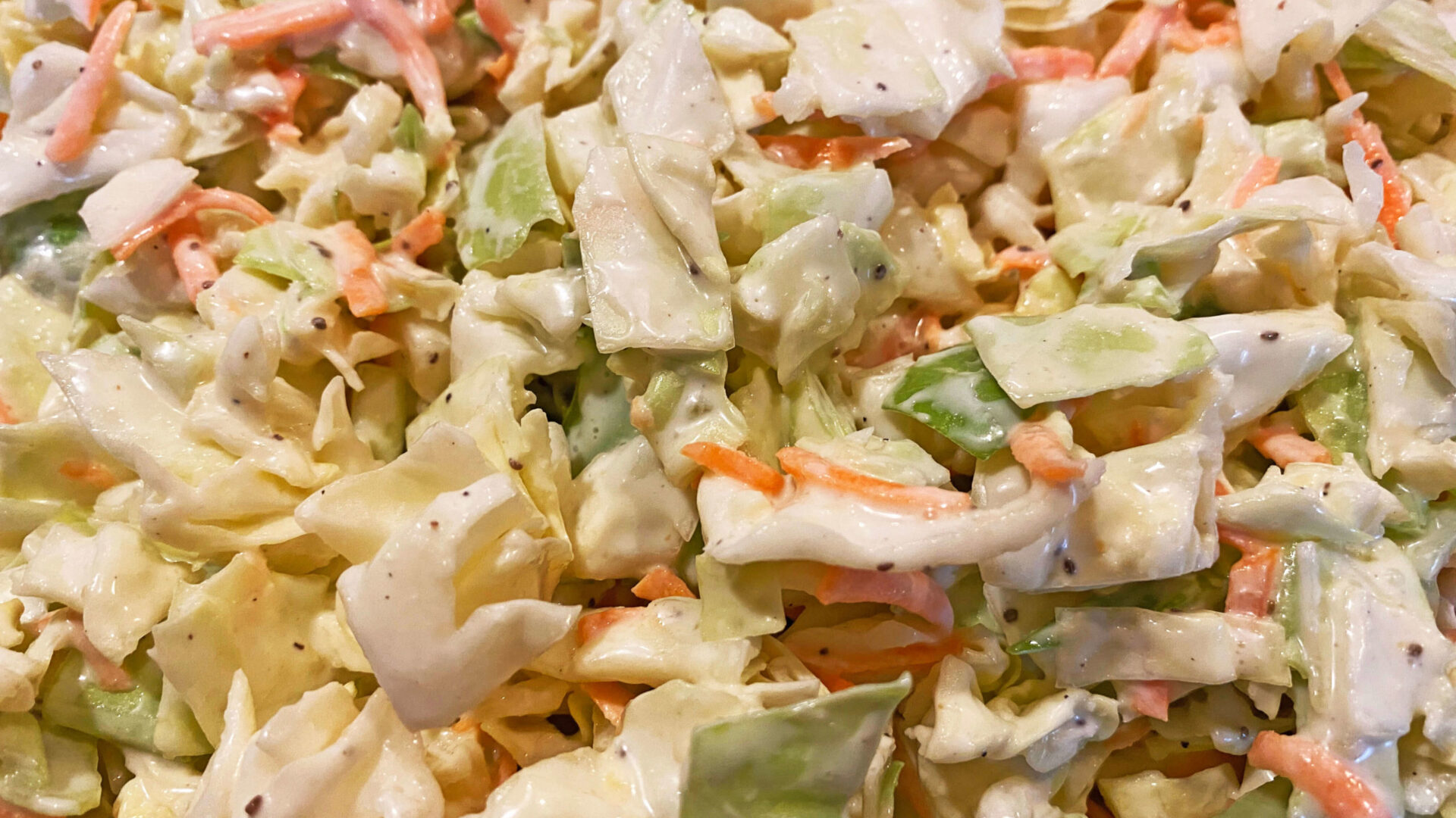 Cabbage salad with green cabbage, orange carrots, and spices in a white creamy sauce