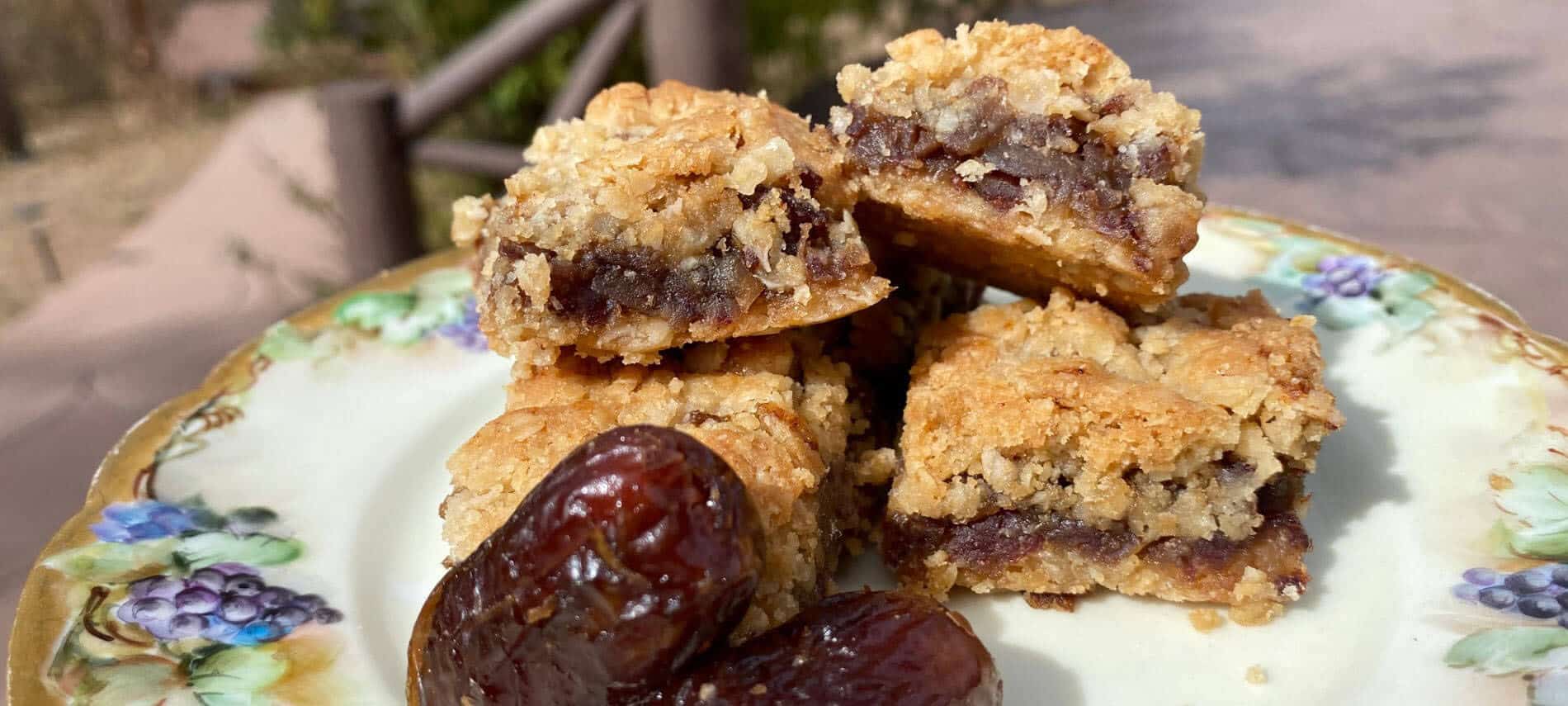 Golden Oat cookies filled with a sweet date filling, garnished with additional dates