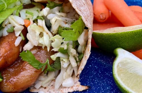 Ginger Chicken Wraps on a blue plate with carrots and limes