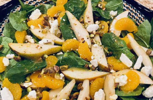 Irish Flag Salad with spinach, pear slices, mandarin oranges, feta cheese and pistachios