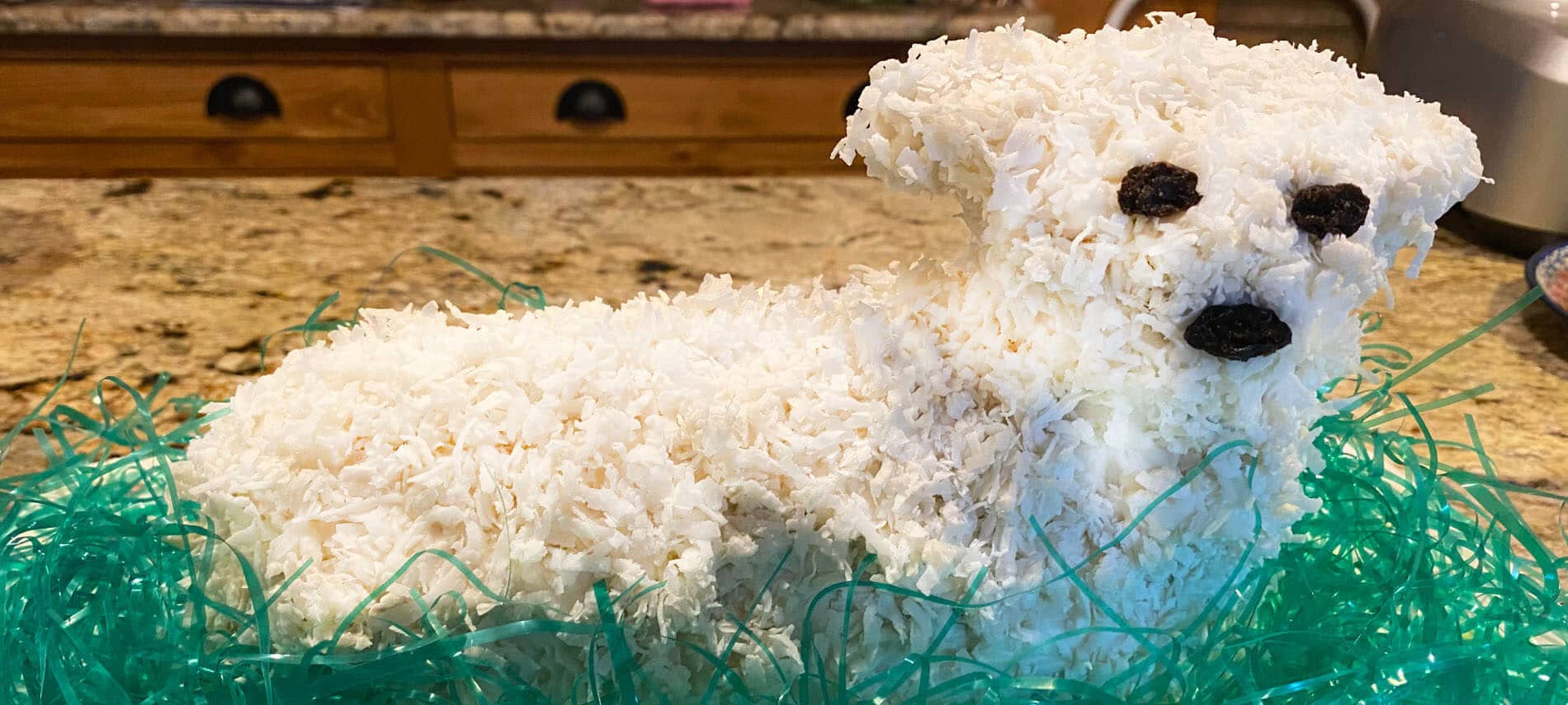 Lamb cake with coconut, raisins, on a bed of Easter grass