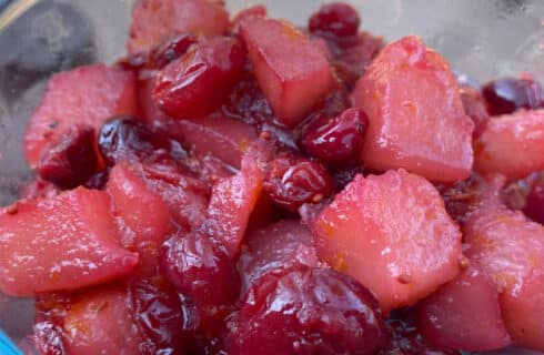 Chunku Pears, Bright red cranberries, in a red cranberry and pear sauce