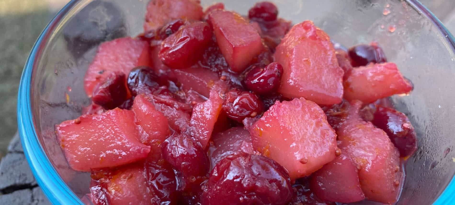 Chunku Pears, Bright red cranberries, in a red cranberry and pear sauce