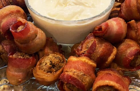 Bacon Wrapped Sausage Roll Ups with a Mustard Dipping Sauce