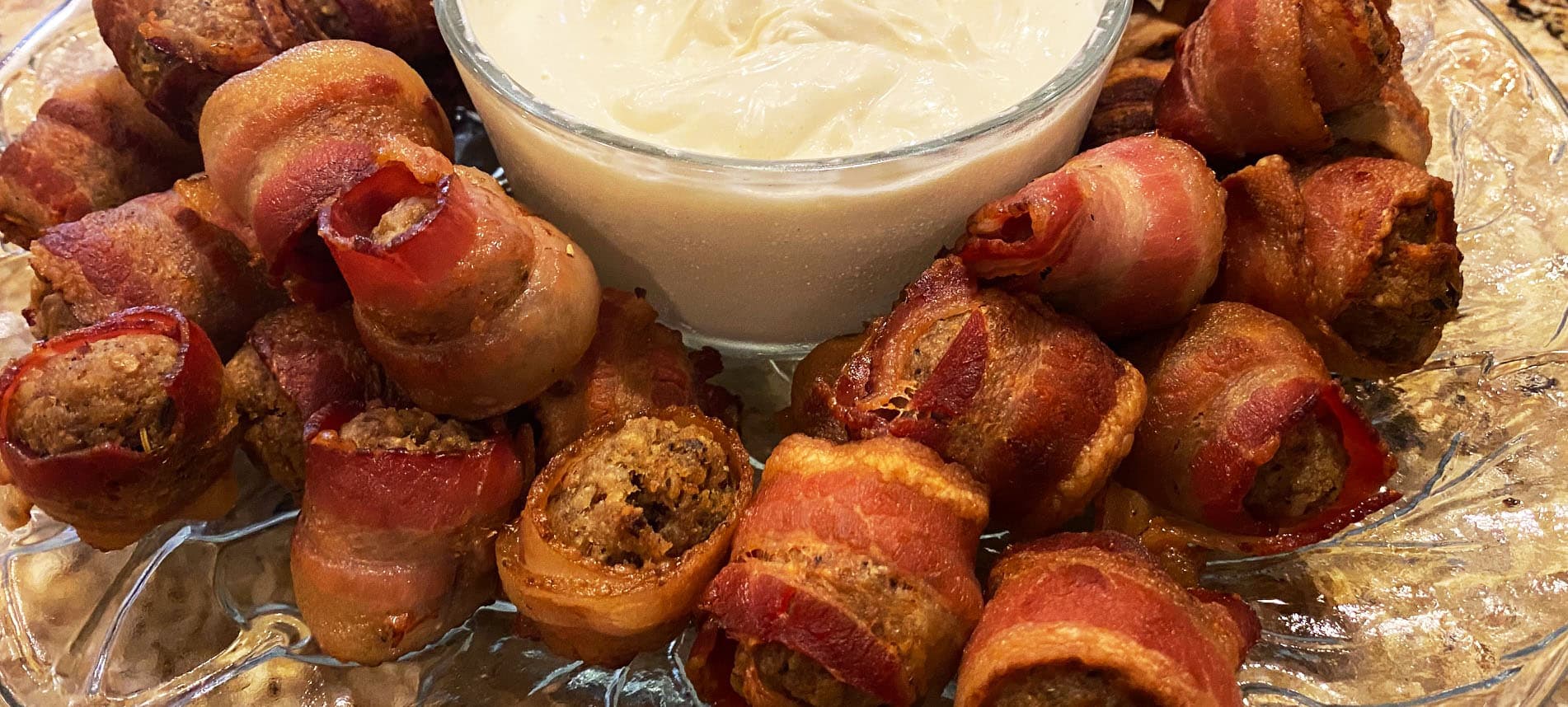 Bacon Wrapped Sausage Roll Ups with a Mustard Dipping Sauce