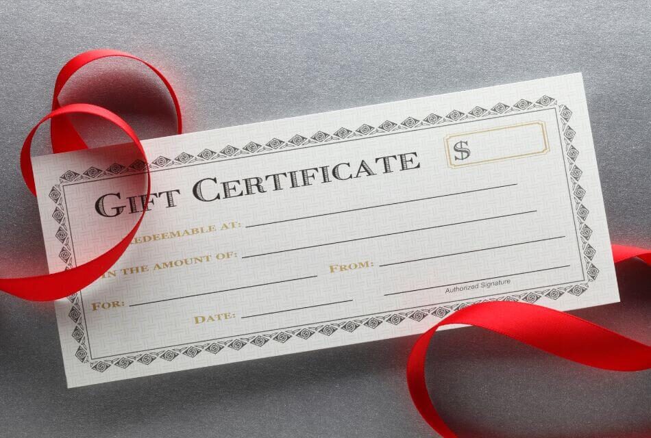 A Gift Certificate with a red ribbon