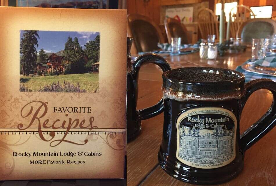 A Rocky Mountain Lodge ookbook and black mug that says
