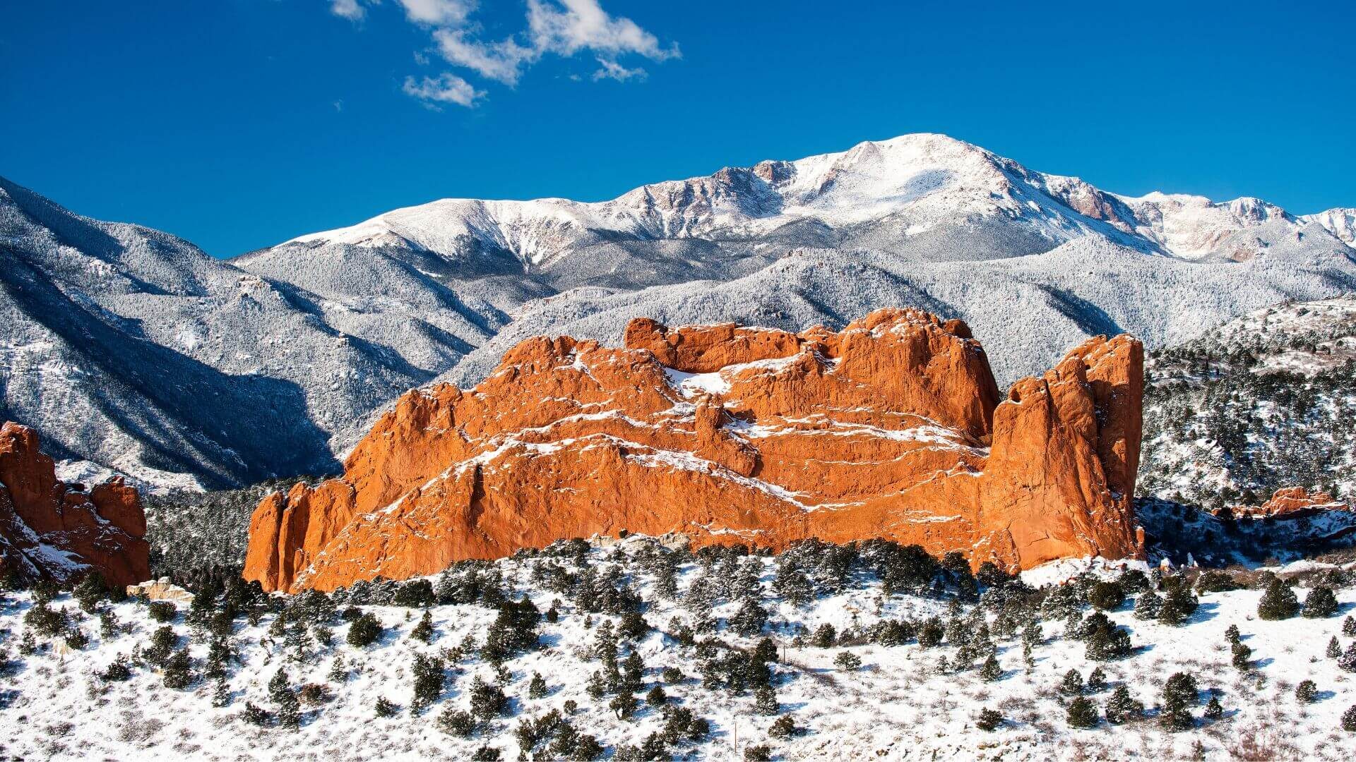 Garden of the Gods and Pikes Peak covered in snow