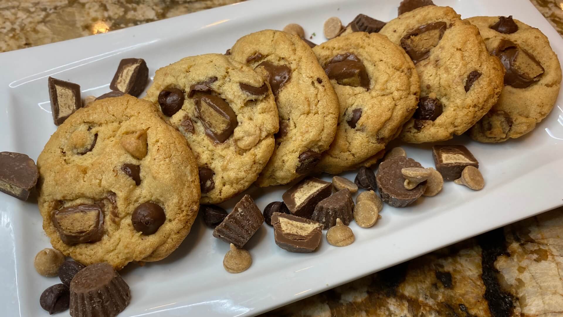 chocolate chip cookies with peanut butter chips and mini peanut butter cups.