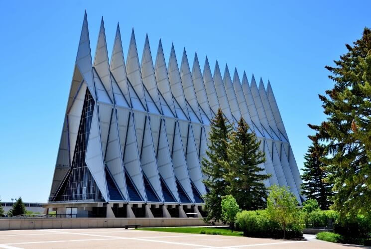 United States Air Force Academy Chapel with many pointy spires